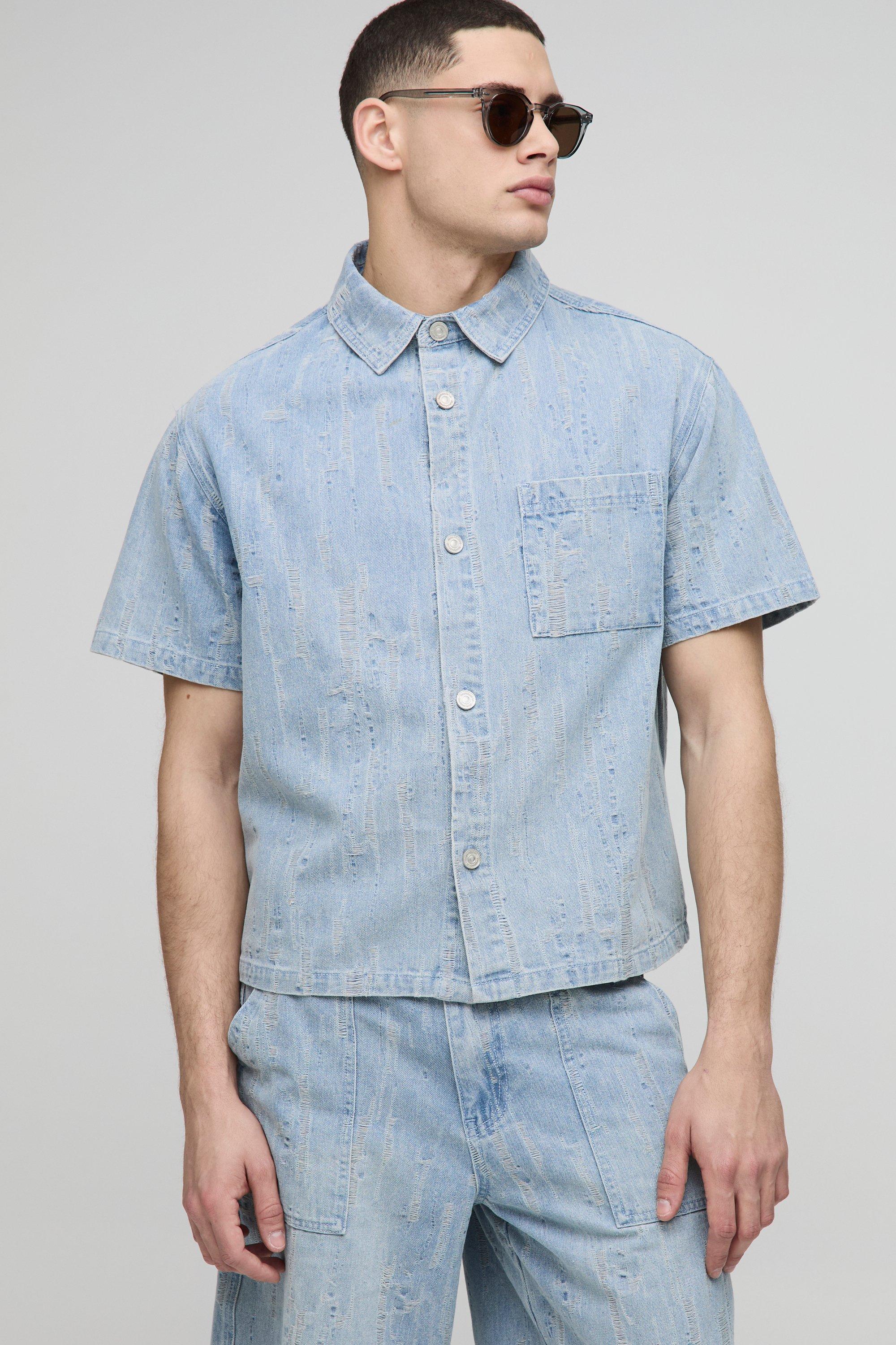 Boxy Collared Distressed Denim Shirt